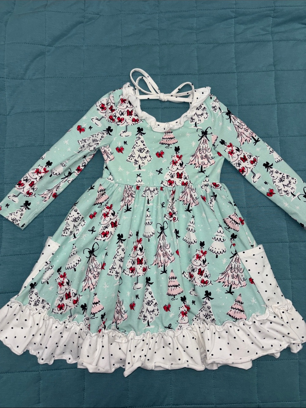 SweetHoney Mint Green Christmas Holiday Tree Print Dress 3T